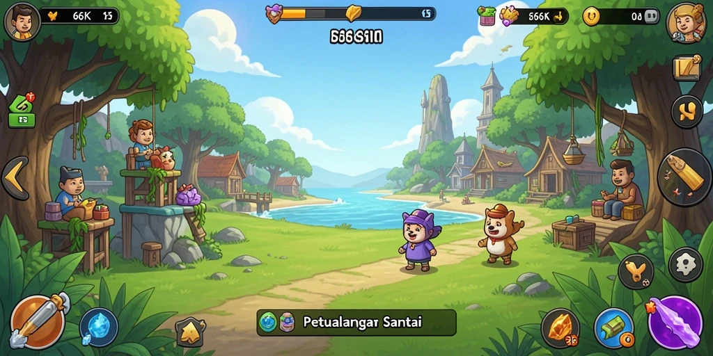 Tampilan gameplay menarik di <strong>66K</strong> menunjukkan berbagai aktivitas Idle yang seru.