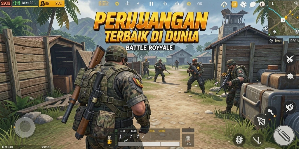 Menampilkan pertempuran seru dalam game Battle Royale.