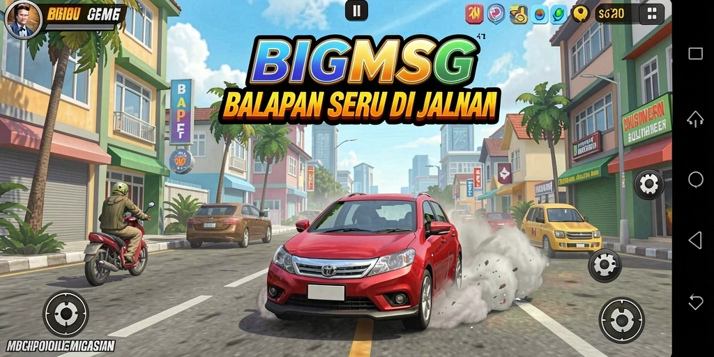 Tampilan gameplay seru di BIGMSG dengan mobil balap yang melaju kencang.