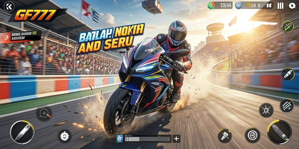 Screenshot gameplay GF777 menampilkan balapan motor dengan kecepatan tinggi.