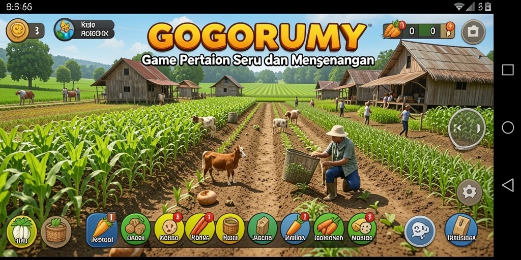 Tampilan gameplay GOGORUMMY yang menawan dengan pertanian yang subur.