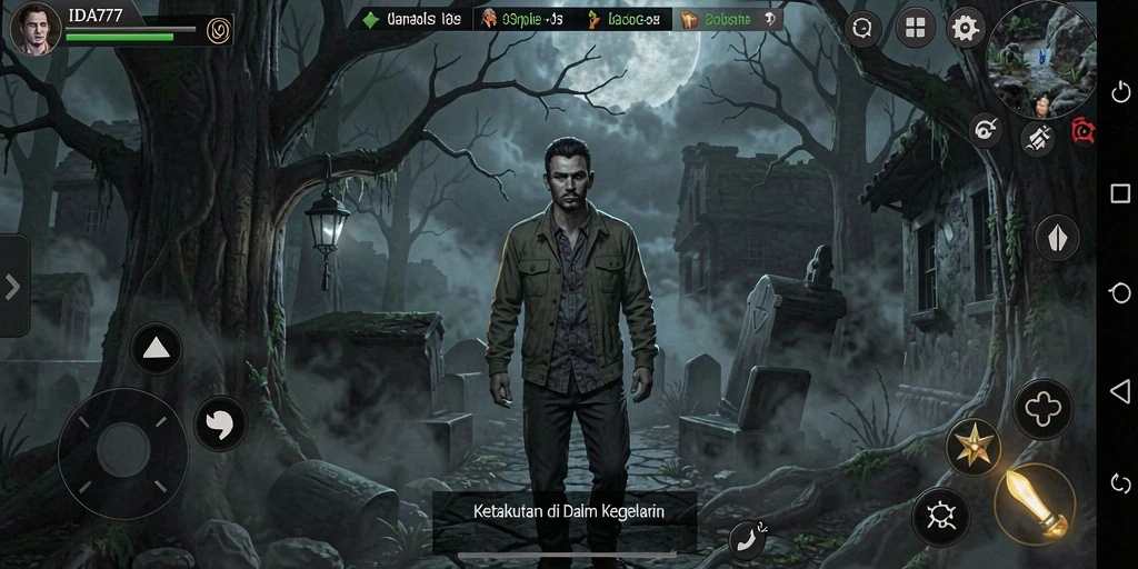 Screenshot permainan IDA777 menampilkan momen menegangkan di kegelapan.