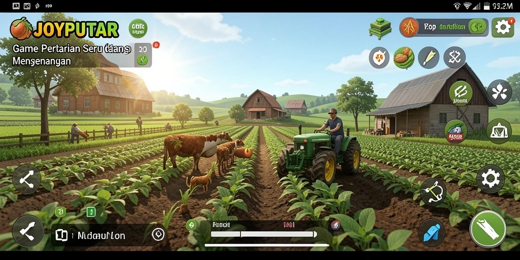 Gameplay seru JOYPUTAR yang menunjukkan aktivitas bertani dan merawat hewan.