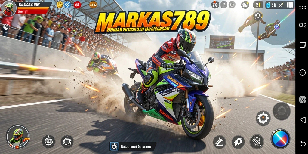 Tampilan gameplay yang mendebarkan di MARKAS789 dengan balapan motor yang intens.