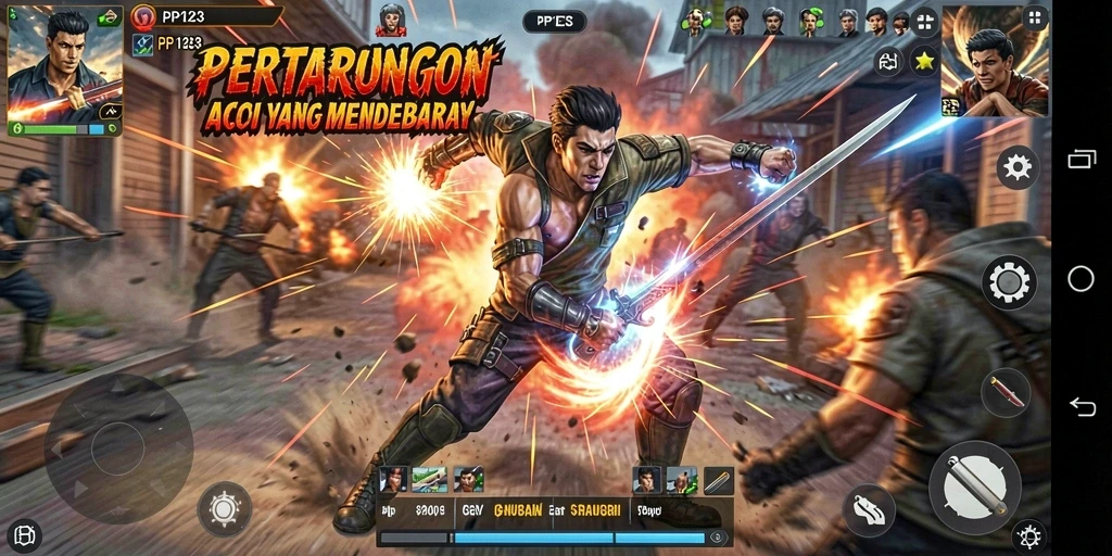 Screenshot utama PP123 menampilkan aksi pertarungan yang menegangkan.