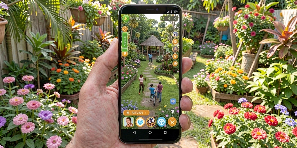 Screenshot gameplay RATU303 menampilkan kebun dengan tanaman warna-warni dan alat berkebun.