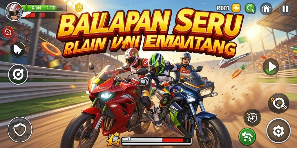 Screenshot REMI101 menampilkan aksi balapan seru di trek yang menantang.