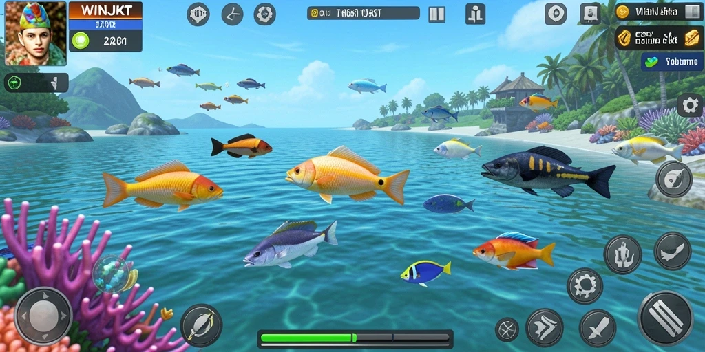 Tampilan gameplay seru dalam WINJKT dengan berbagai ikan untuk ditembak.
